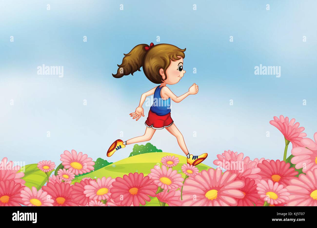 Illustration of a girl running along the hill with a garden Stock Vector