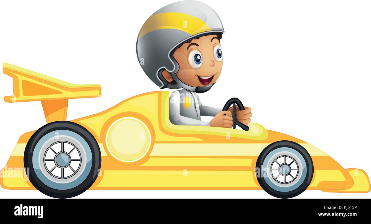 Illustration of a boy riding in a yellow racing car on a white background  Stock Vector Image & Art - Alamy