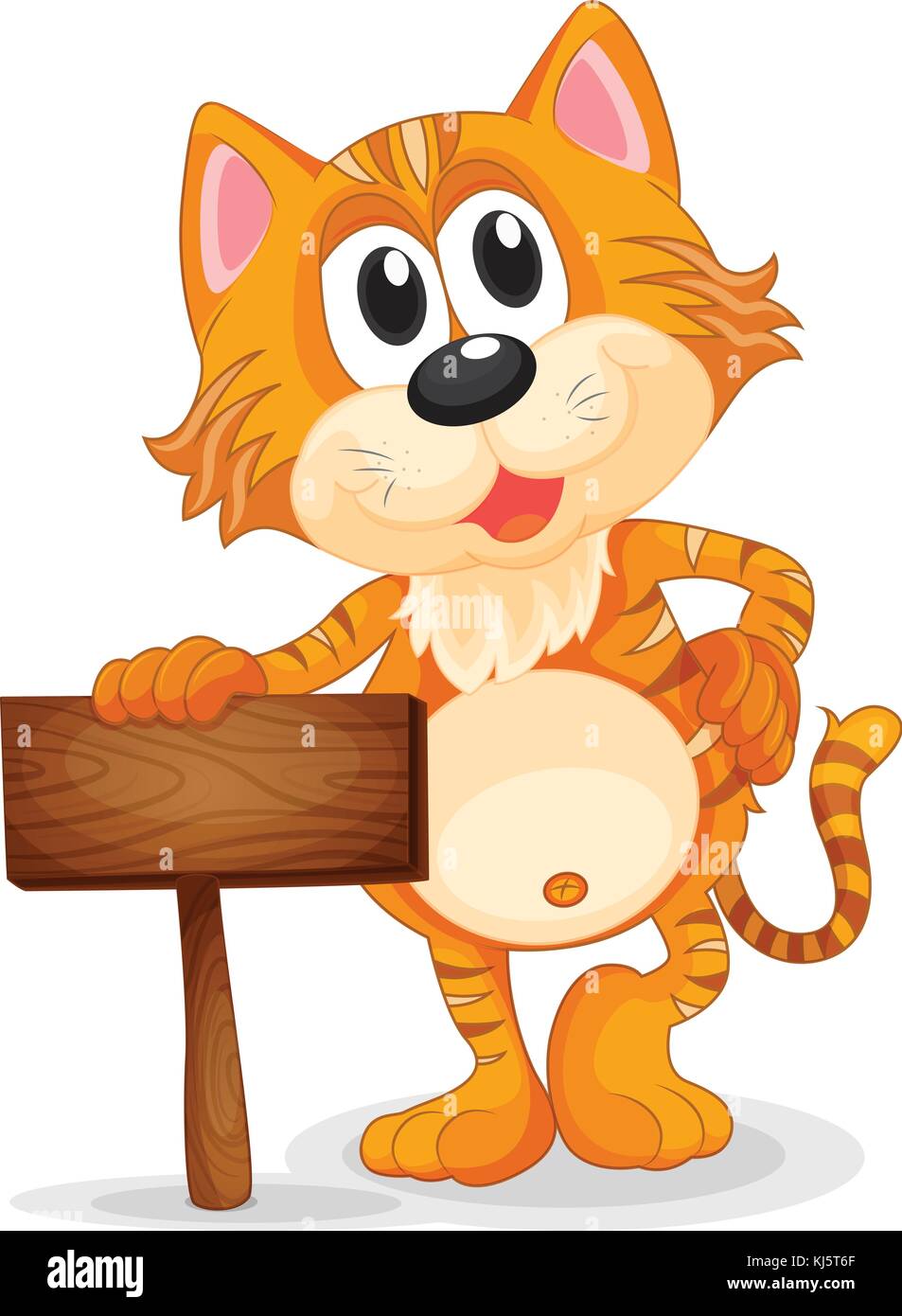 Illustration of a wooden signage beside a young tiger on a white ...