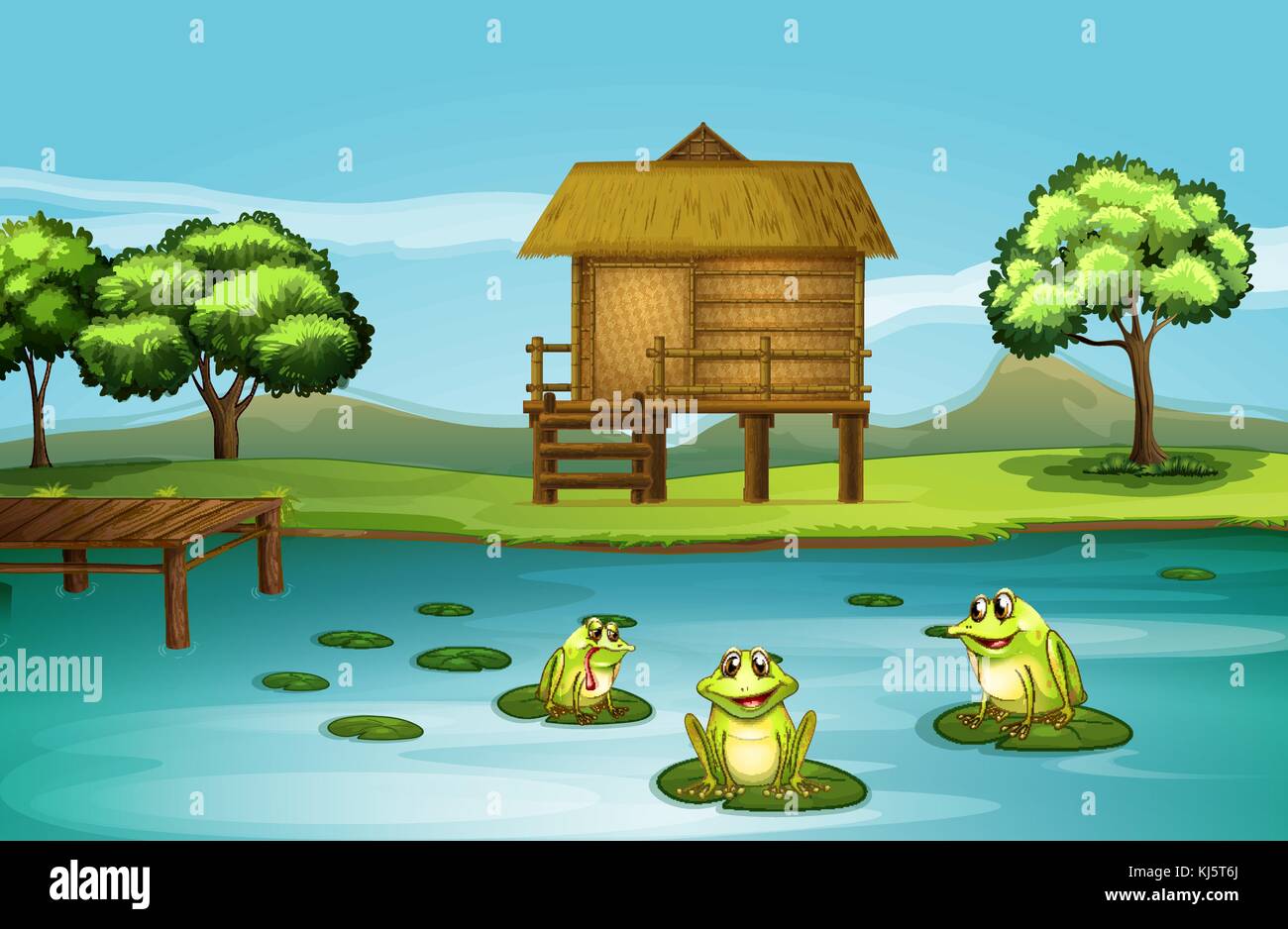 Illustration of a pond with three playful frogs Stock Vector Image ...