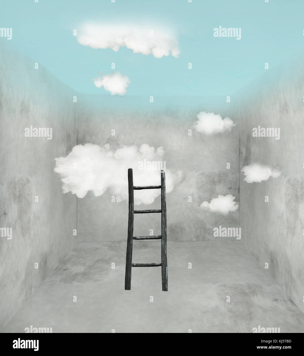 Surreal room with wooden ladder and clouds and sky in the ceiling Stock ...