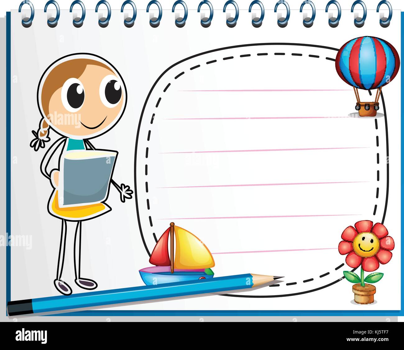 Illustration of a notebook with a sketch of a young girl at the cover ...