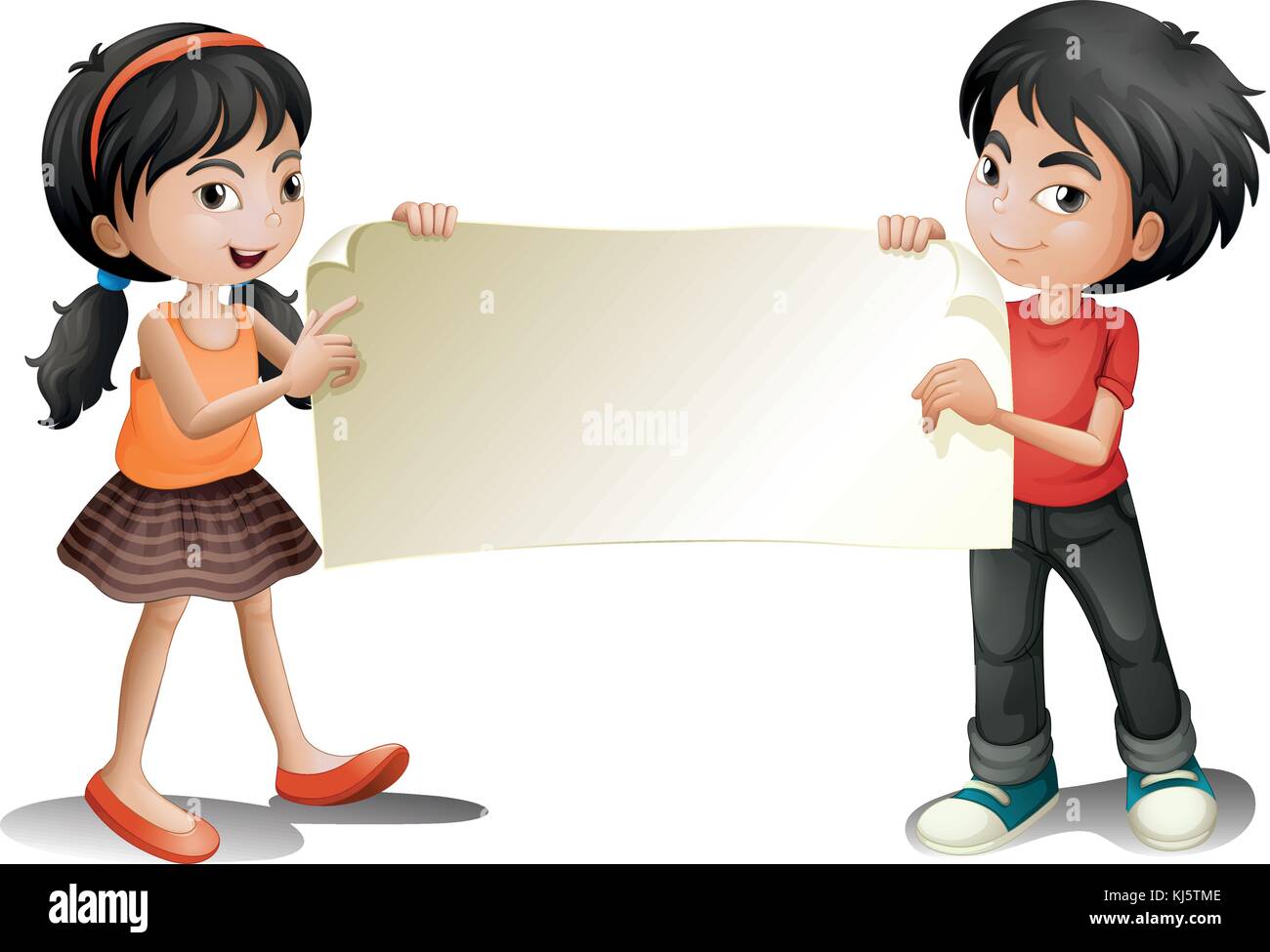 Illustration of a girl and a boy holding an empty signage on a white ...