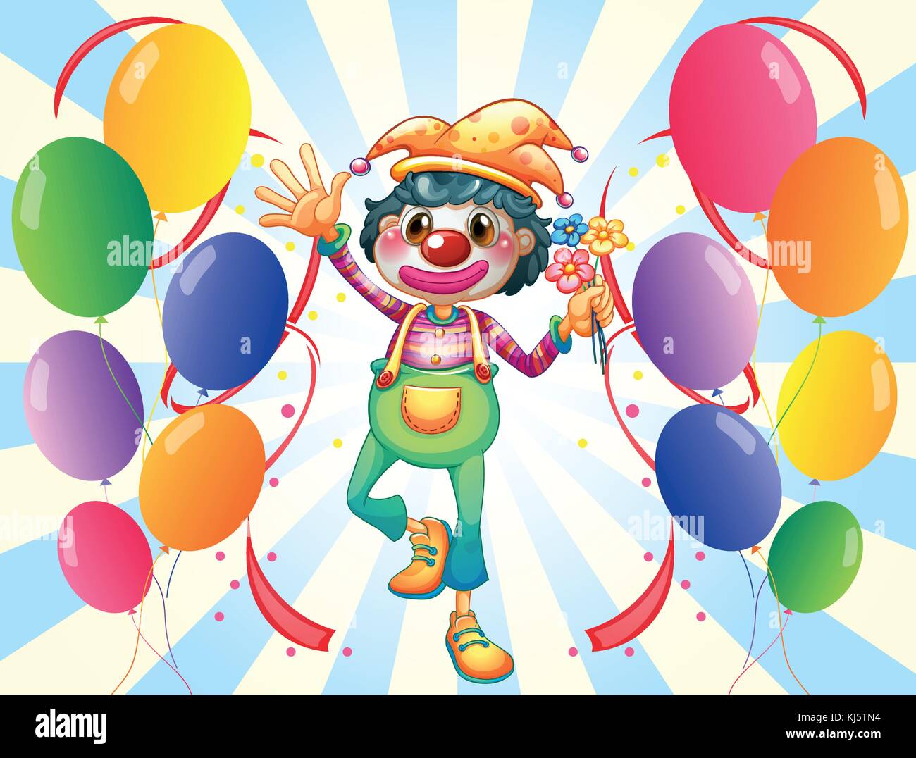 Illustration of a clown in the middle of the balloons with flowers on a ...