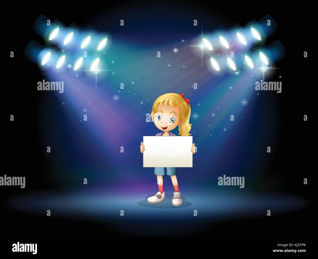 Illustration of a stage with a young girl holding an empty signage ...