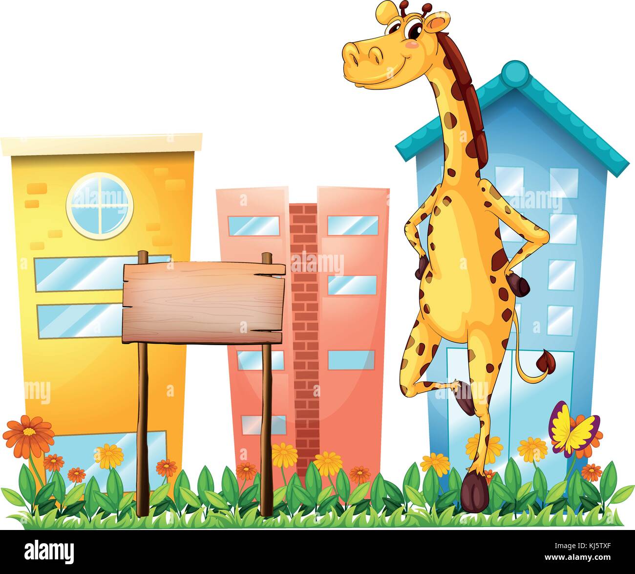 Illustration of a giraffe standing beside an empty wooden signboard  on a white background Stock Vector