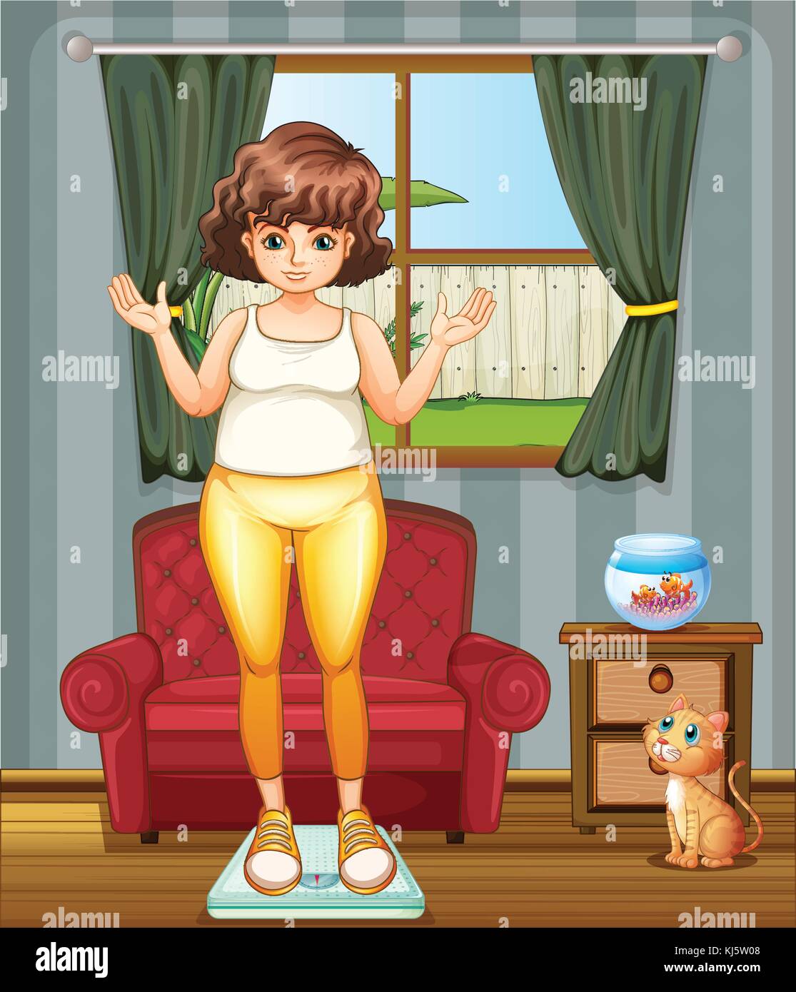 Illustration of a girl measuring her weight at the weighing scale Stock