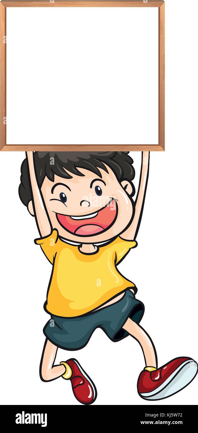 Illustration of a boy holding an empty framed banner on a white ...