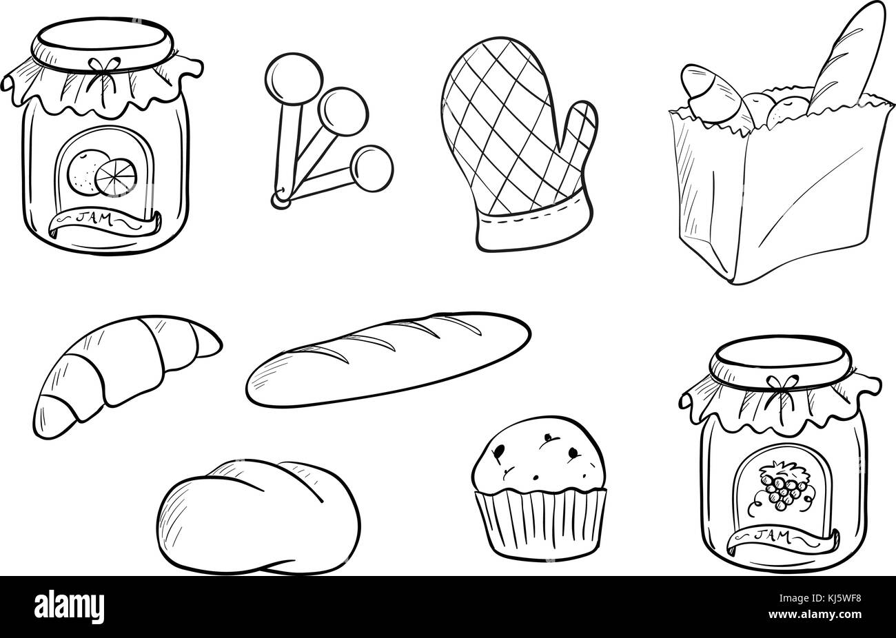 Illustration of a doodle design of bread and jam on a white background Stock Vector