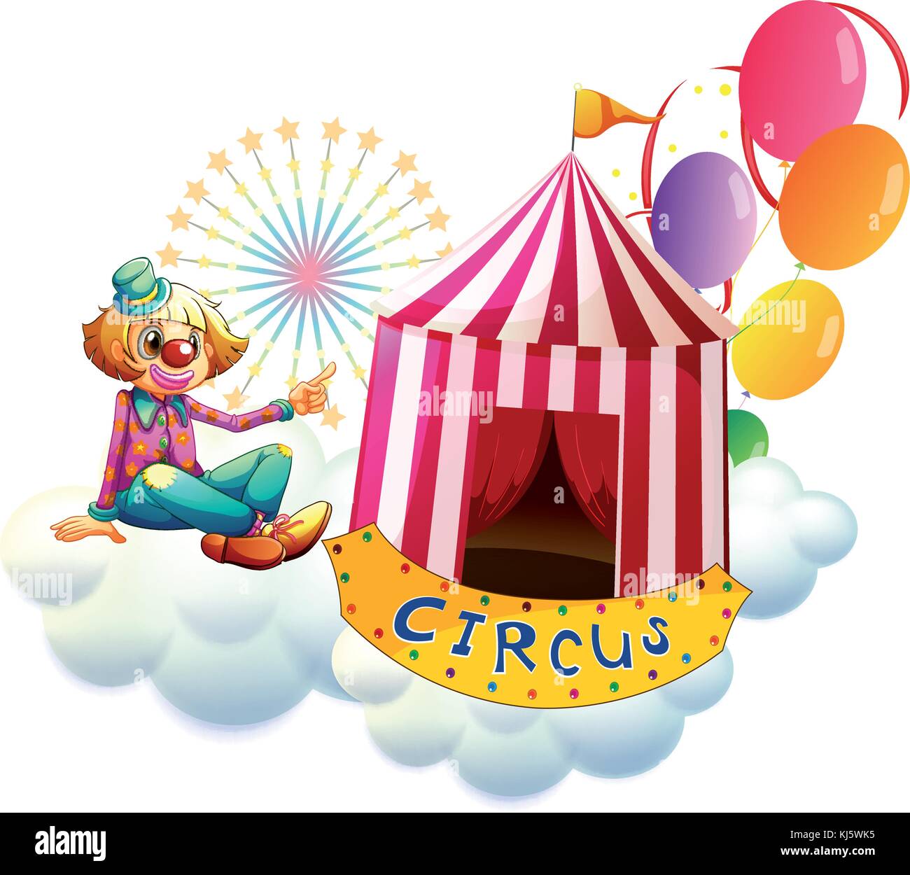 Illustration of a clown beside a circus tent with balloons on a white ...