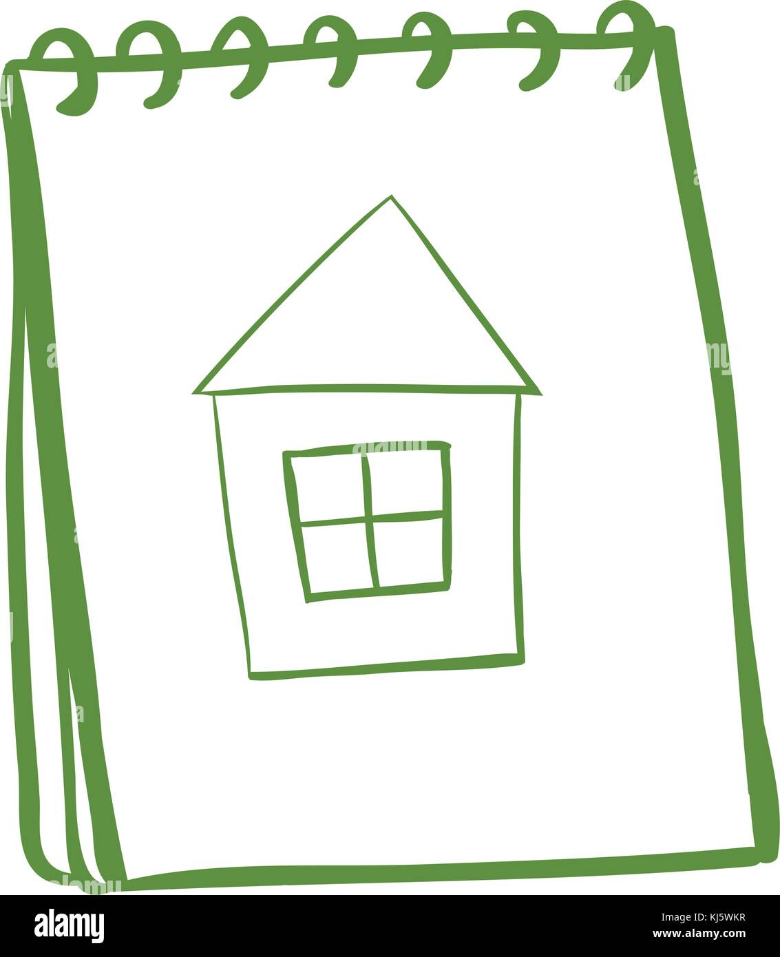 Illustration of a notebook with a sketch of a house at the cover page on a white background