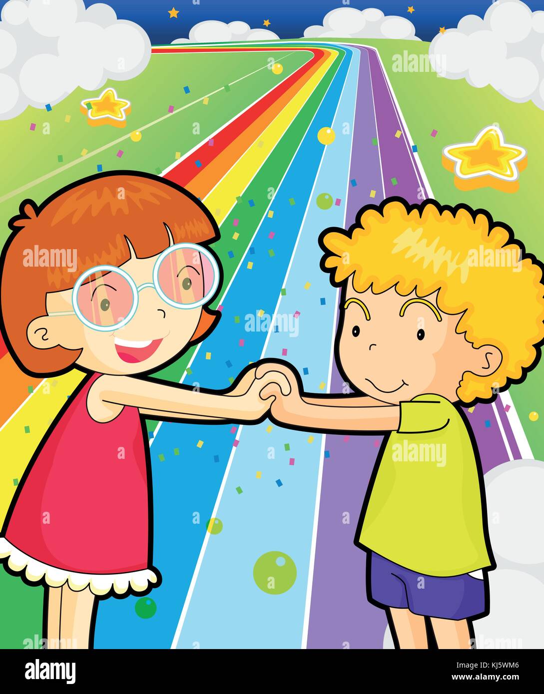 Illustration of a colorful road with a girl and a boy holding hands ...