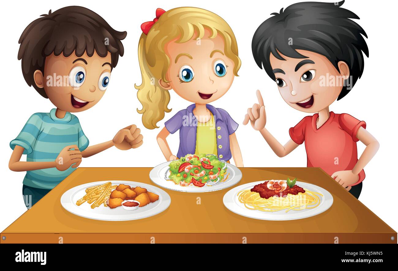 Illustration of the kids watching the table with foods on a white background Stock Vector