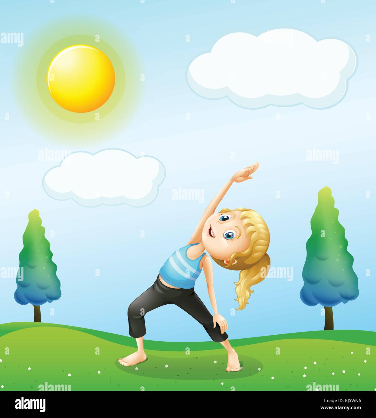 Illustration of a girl exercising above the hills Stock Vector Image