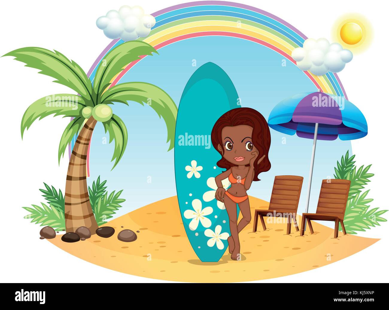 Illustration of a girl at the beach with her blue surfing board on a white background Stock Vector