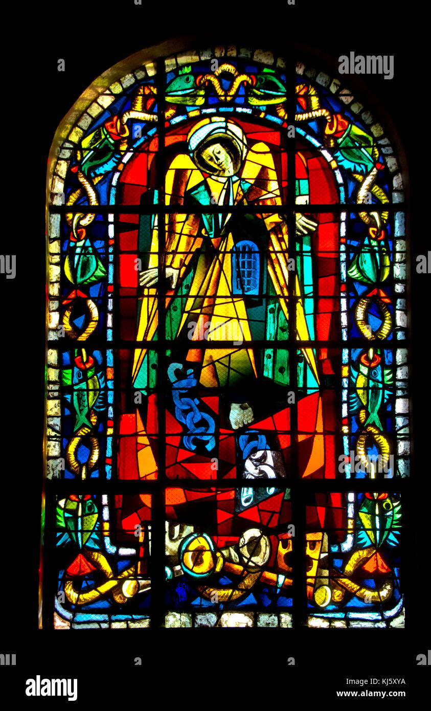 Paris, France. Church of St Pierre de Montmartre. Stained glass window: la Delivrance Stock Photo
