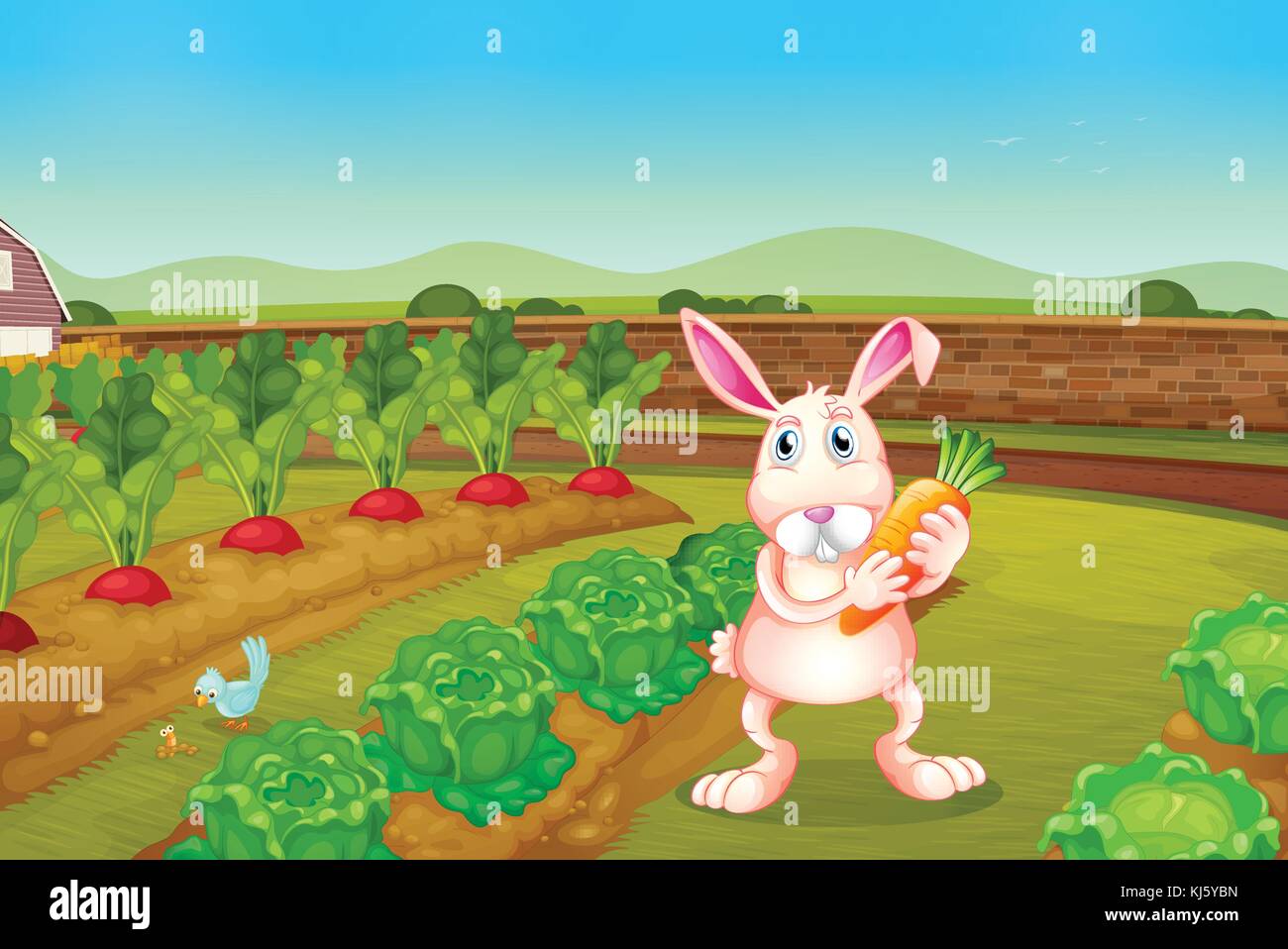 Illustration of a bunny holding a carrot along the garden Stock Vector ...