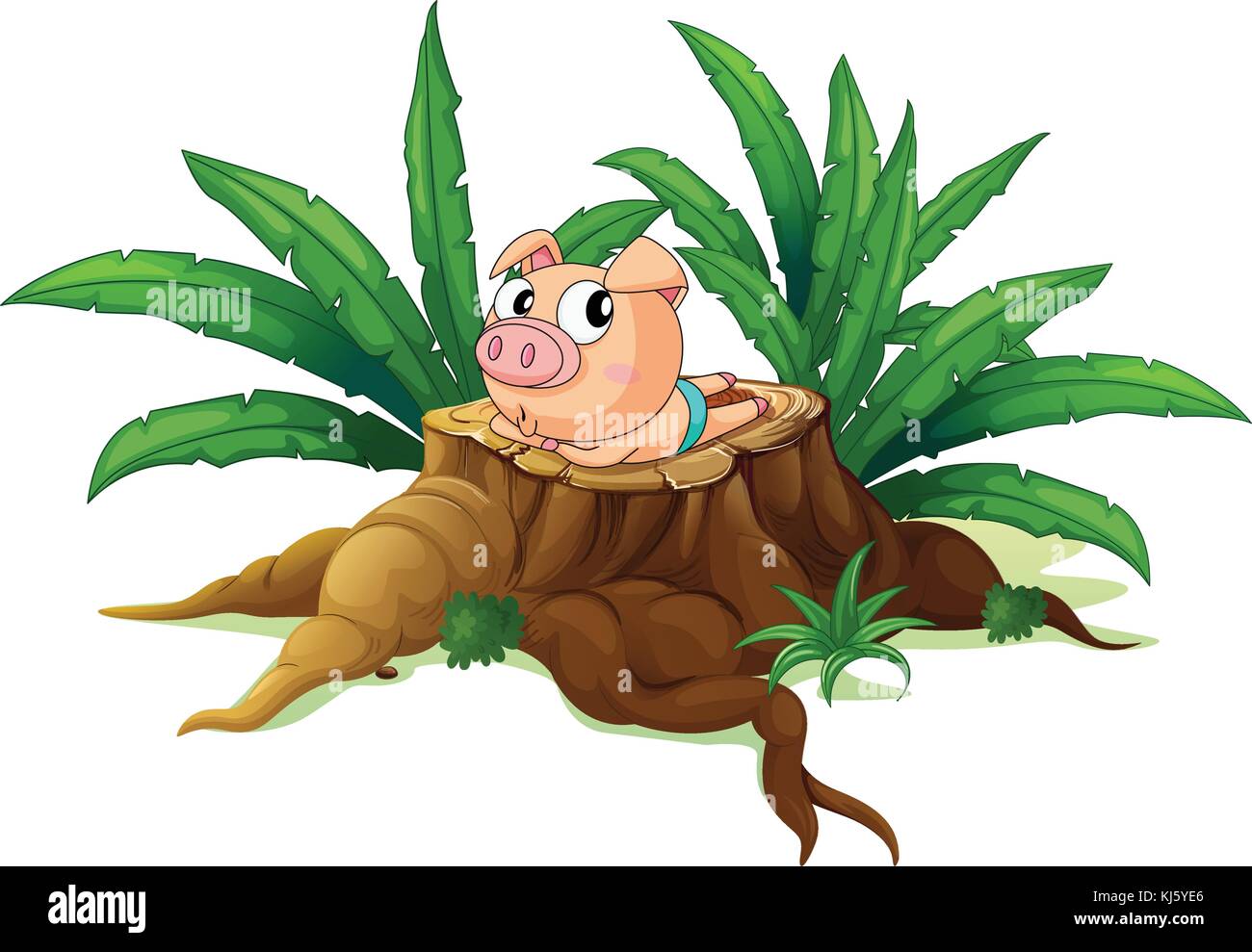 Illustration of a pig lying down above the wood on a white background Stock Vector