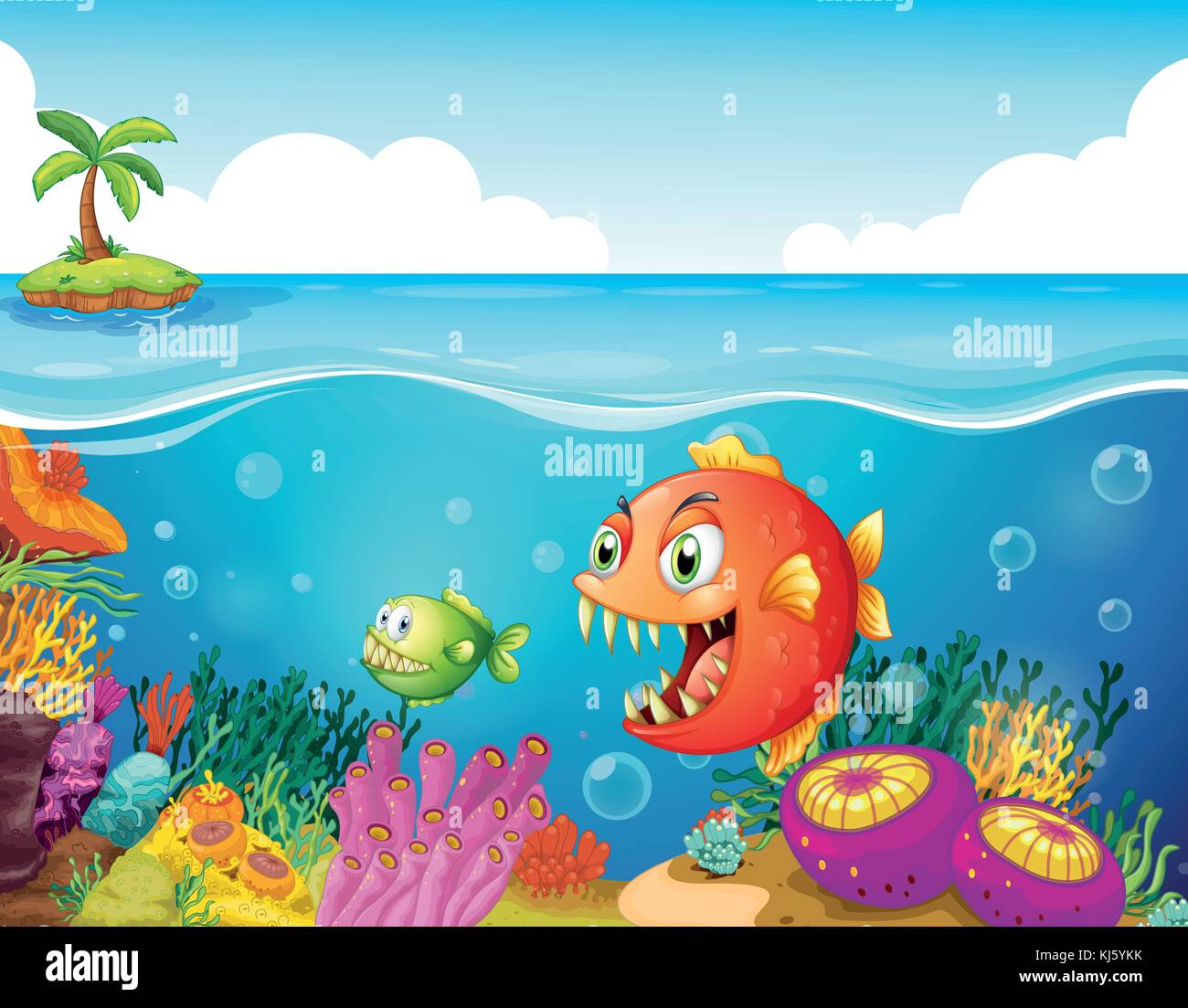 Illustration of a sea with colorful coral reefs and fishes Stock Vector ...