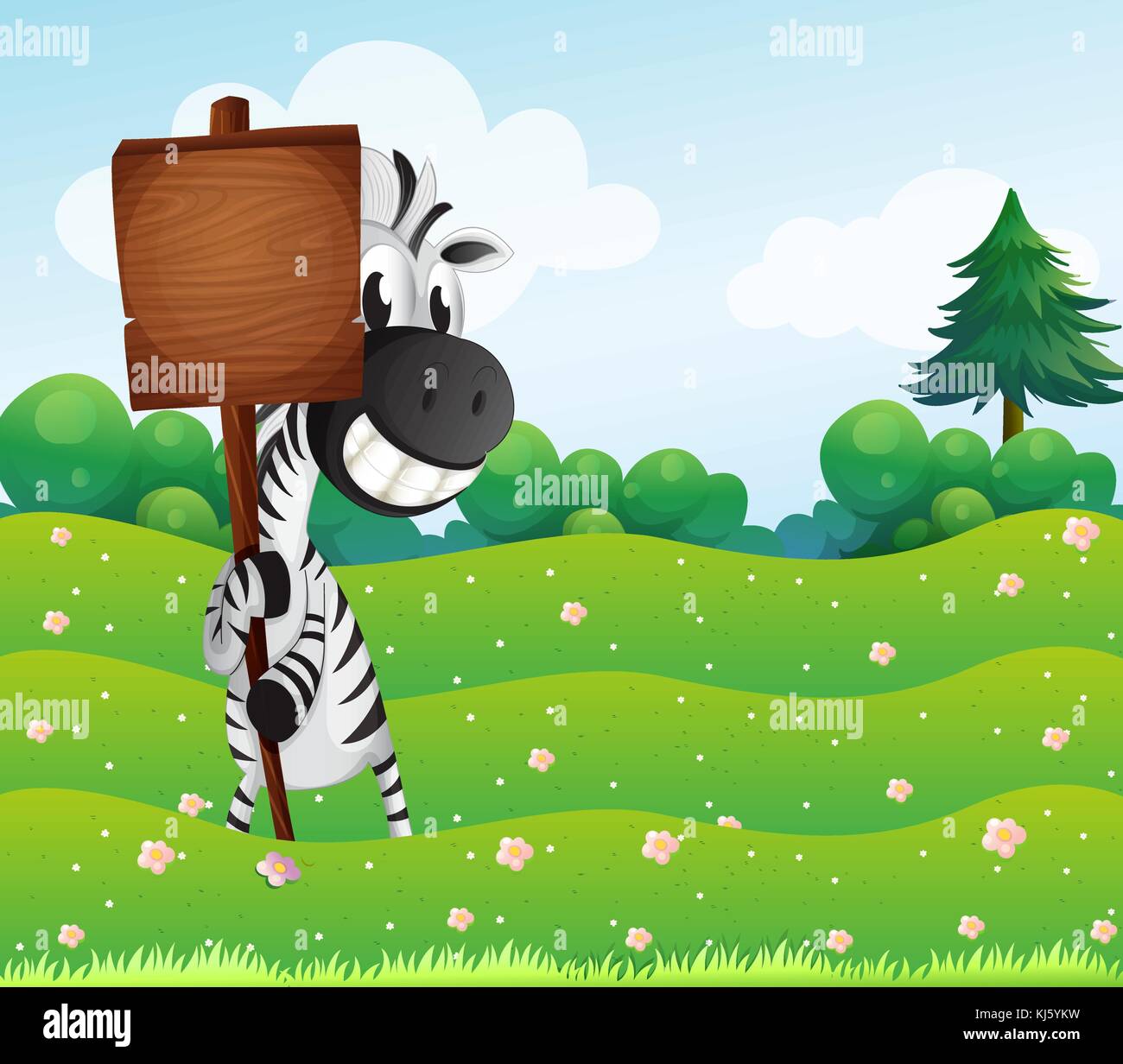 Illustration of a zebra holding an empty wooden board Stock Vector