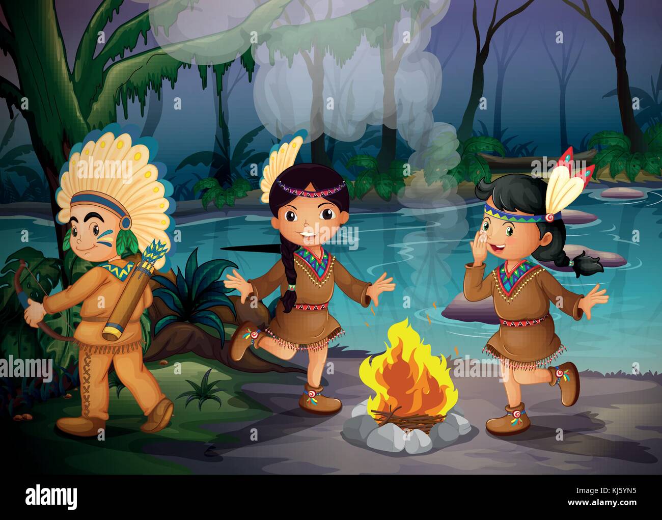 Ilustration of the three Indian kids inside the forest Stock Vector