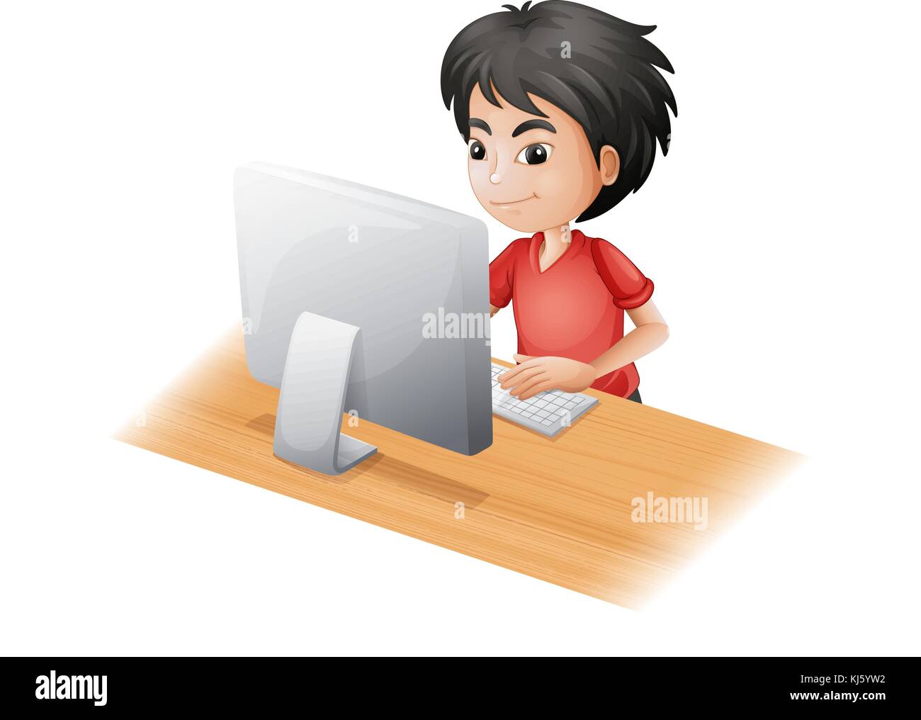 Illustration of a young boy using the computer on a white background Stock Vector