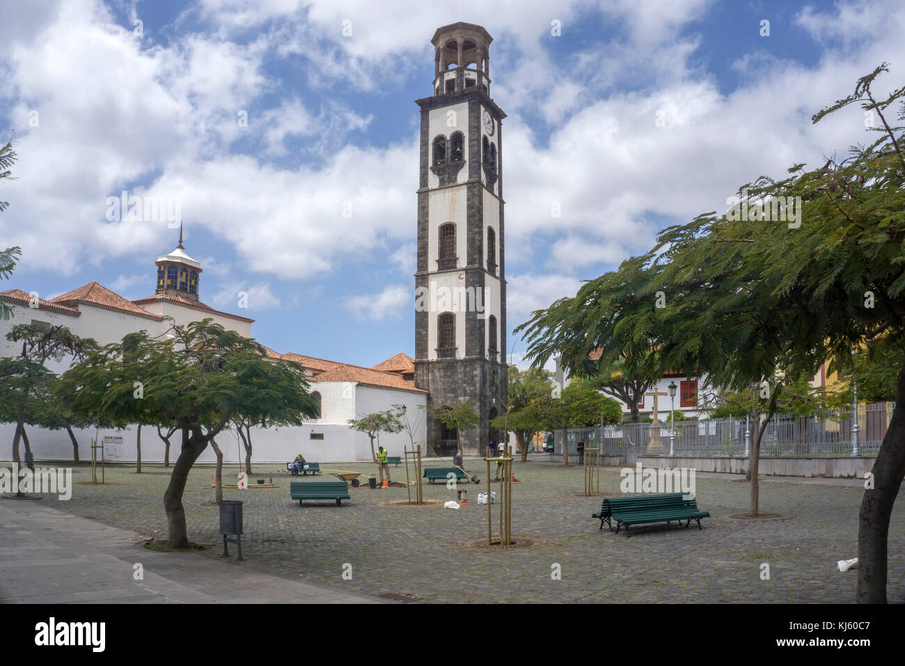 Plaza de la Iglesia and bell tower of Nuestra Senora de la Concepcion, Santa Cruz de Tenerife, Tenerife island, Canary islands, Spain Stock Photo