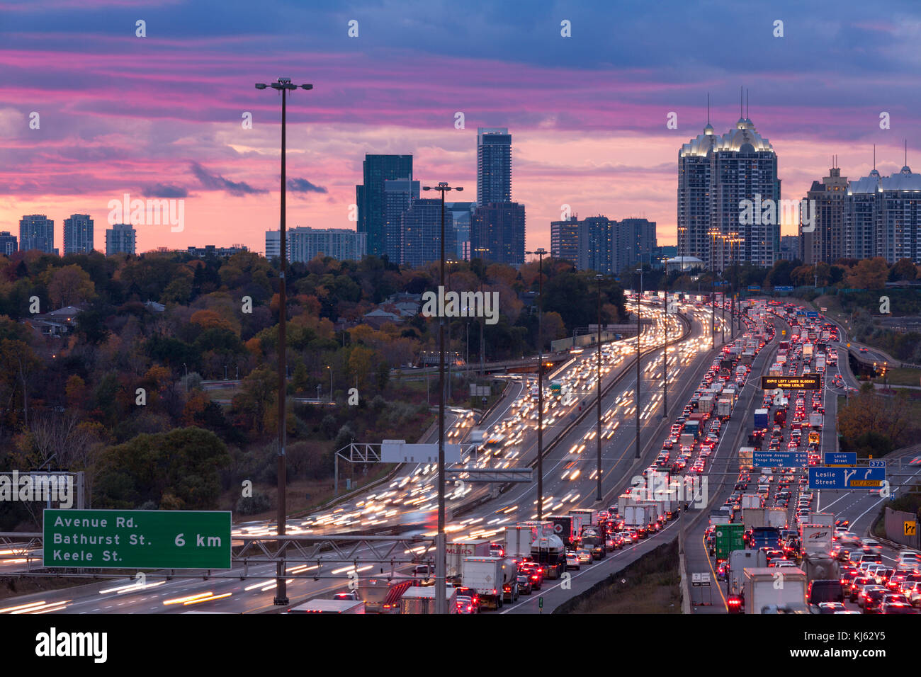 Traffic Congestion along the King's Highway 401 at sunset in Toronto, Ontario, Canada. Stock Photo