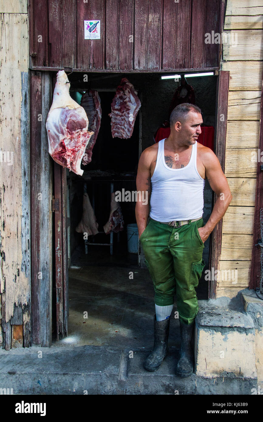 Local butcher in Cienfuegos, Cuba Stock Photo
