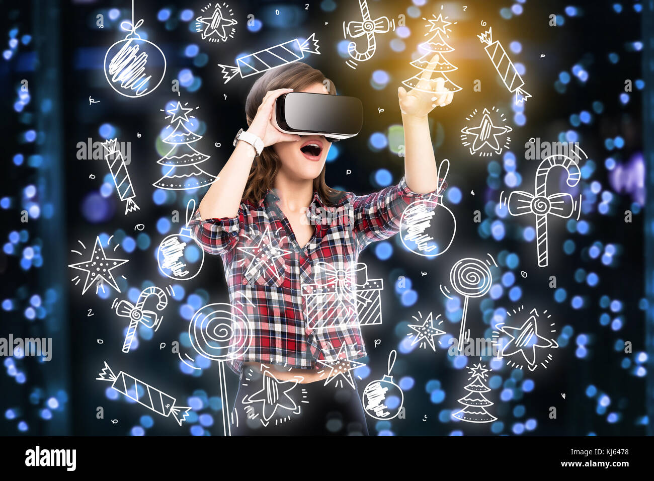 Double exposure, girl getting experience using VR glasses, being in ...
