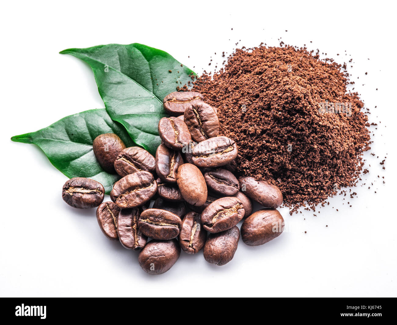 Roasted coffee beans ground coffee on white background Stock Photo Alamy