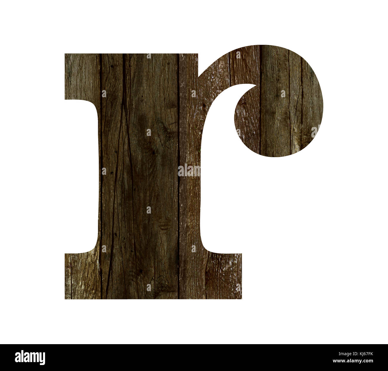 Old wooden planks alphabet, text r. Isolated on white background. With ...
