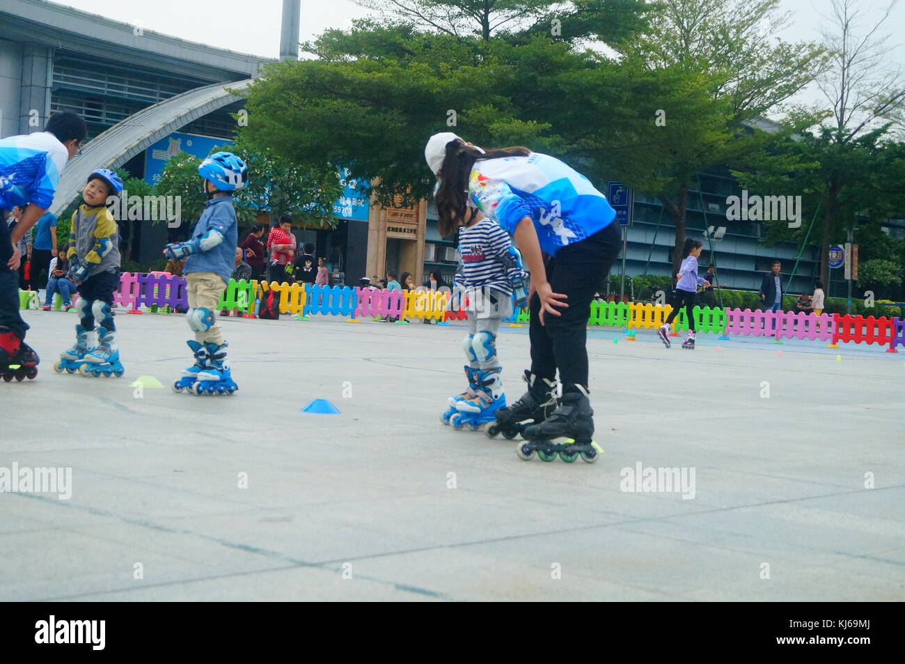 On weekends, Chinese children take regular roller skating training in