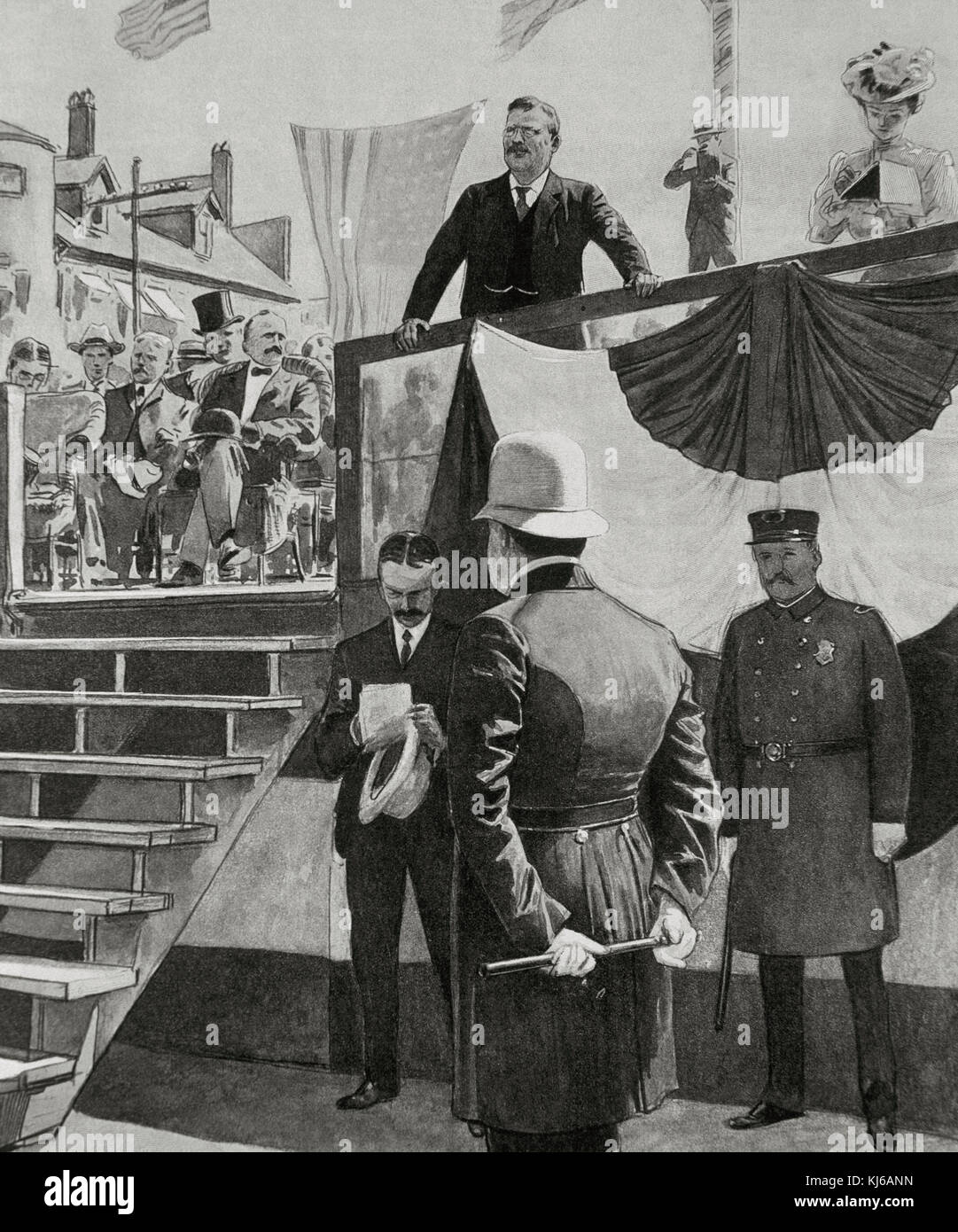 Theodore Roosevelt (1858-1919). American politician. 26th President of the United States (1901-1939). Roosevelt gives a speech in a public act. Engraving. 'L'Illustration', 1902. Stock Photo