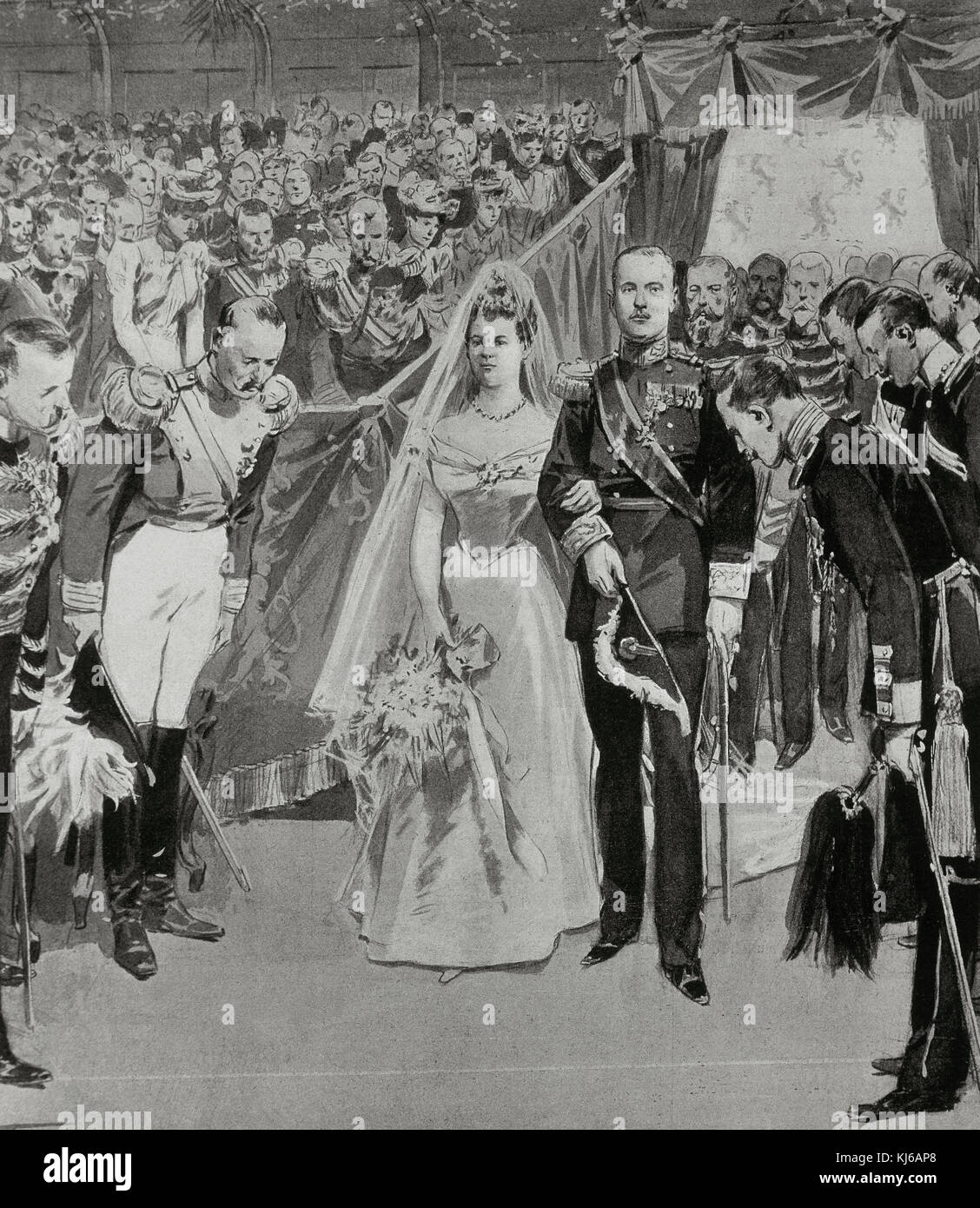 Wilhelmina (1880-1962). Queen of the Netherlands from 1890 until her abdication in 1948. Wilhelmina's wedding with the Duke of Mecklenburg-Schwerin (1876-1934) in 1901. Engraving. Stock Photo