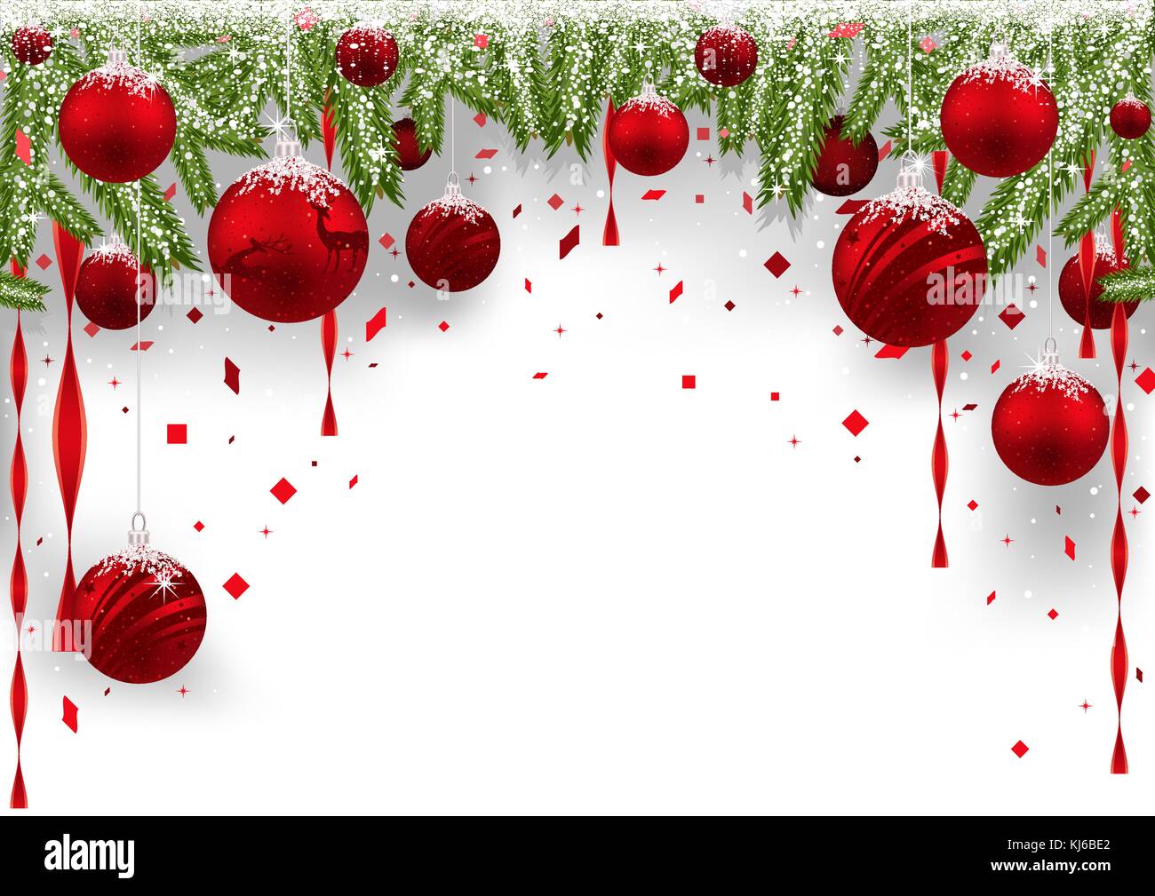 Christmas Background with Red Baubles and Coniferous Branches Stock ...