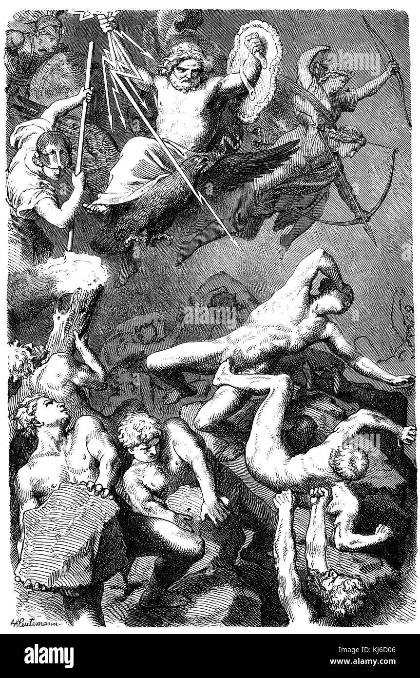 Clash of the Titans and the children of Cronos, God throwing lightnings (Kampf der Kroniden und Titanen, blitzeschleudernder Gott) Stock Photo