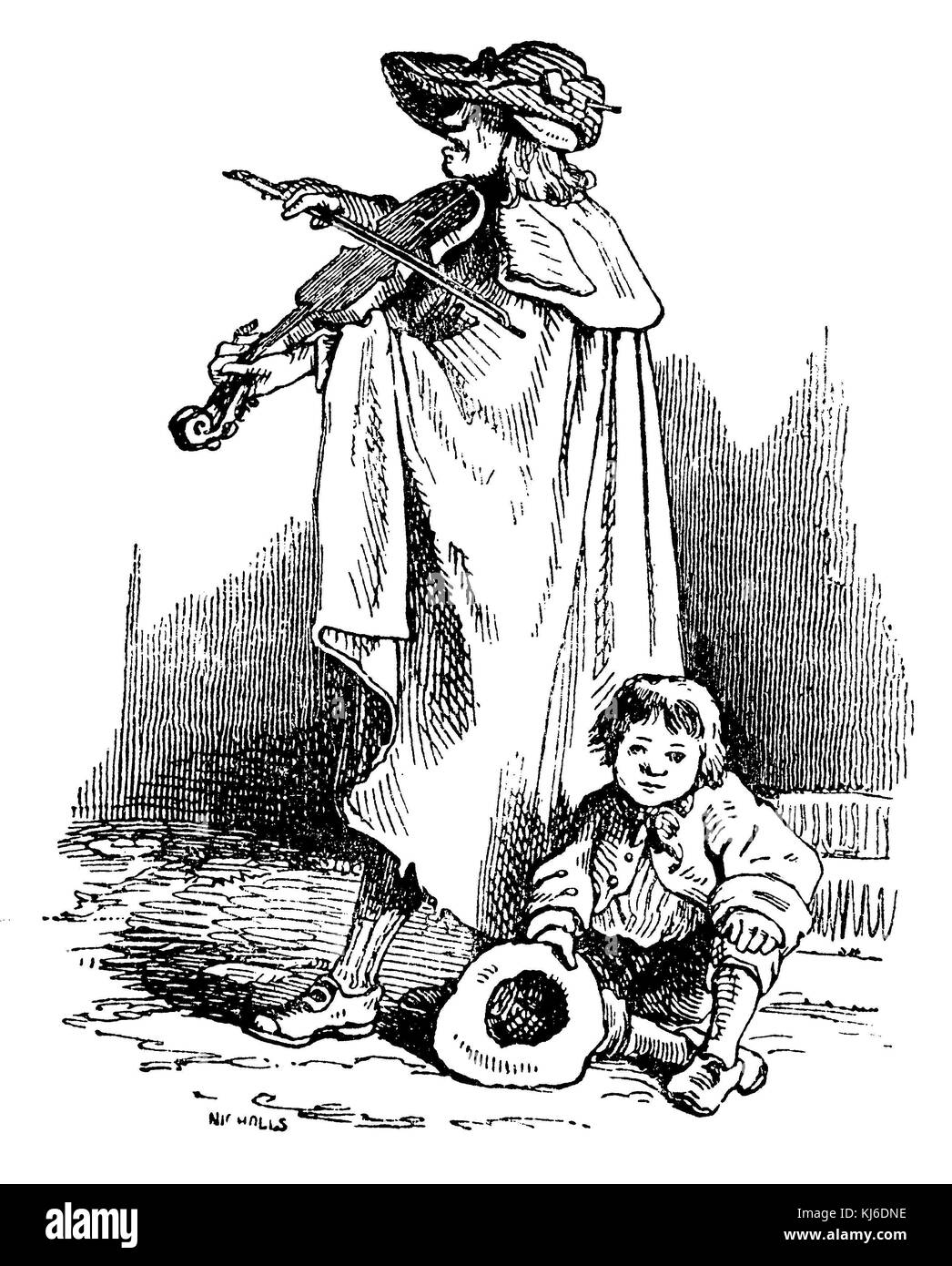 Beggar with violin and child (Bettler mit Geige und Kind) Stock Photo