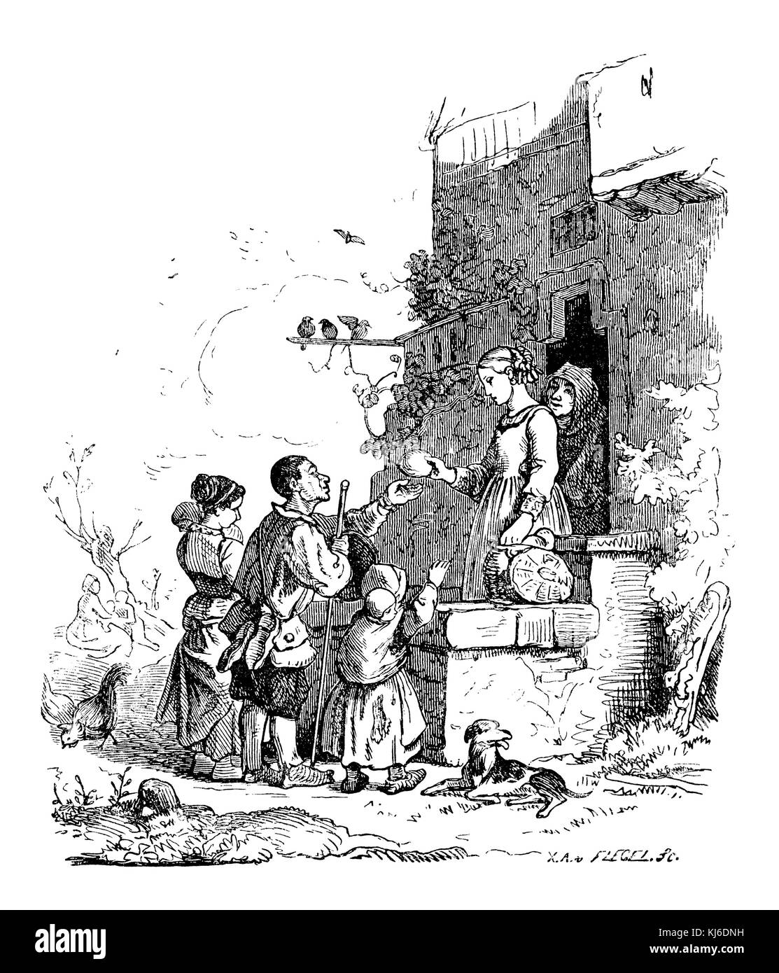 Beggars begging at a house (Bettler an einem Haus) Stock Photo