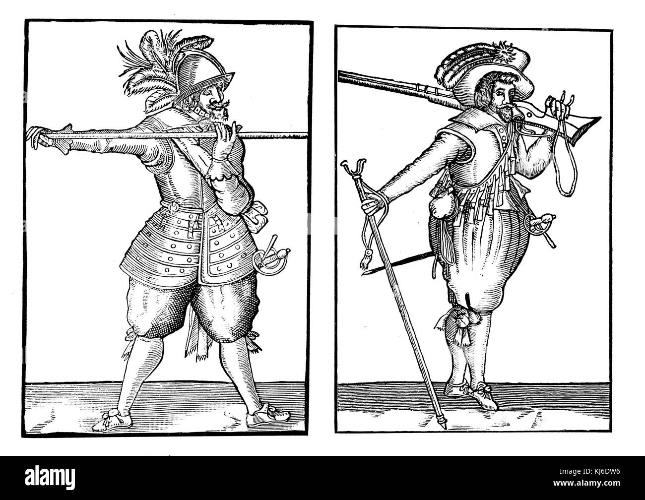 English pikemen and musketeers from the time of James I after a contemporary engraving (Englischer Pikenier und Musketier aus der Zeit Jakobs I. Nach einem zeitgenössischen Kupferstich) Stock Photo