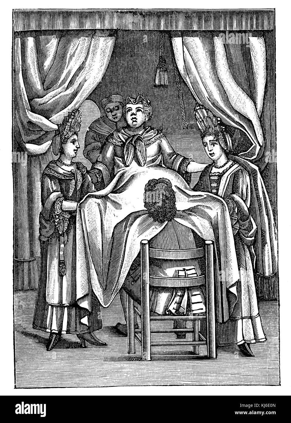 Dutch obstetrician of the 17th century, working under a blanket woman. After Samuel Janson (Holländischer Geburtshelfer des 17. Jahrhunderts, unter einem Laken eine Frau entbindend. Nach Samuel Janson) Stock Photo