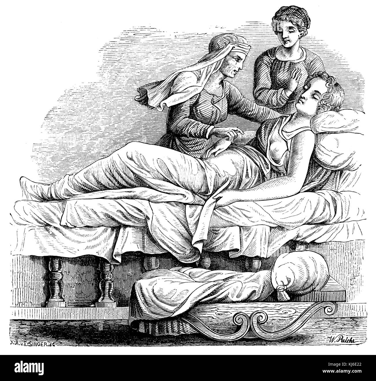 Birth in Italy (16th century). Bottom right a bed for the unborn child. By Giulio Romano (Italienische Geburtsszene (16. Jahrhundert). Unten rechts ein Lager für das noch ungeborene Kind. Nach Giulio Romano) Stock Photo