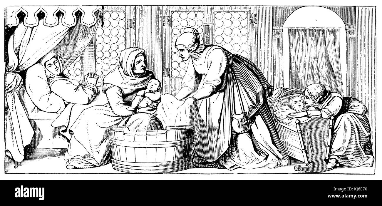 First Care of the new born child. Postpartum. Eduard Bendemann (Erste Pflege des neugebornenen Kindes. Wochenbett. Von Eduard Bendemann) Stock Photo