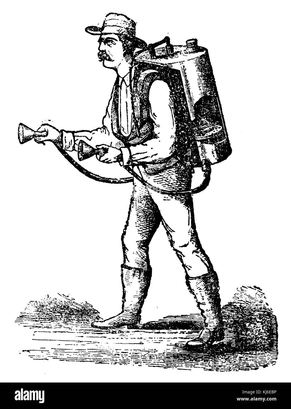 Gardener with watering apparatus (Gärtner mit Gießapparat) Stock Photo