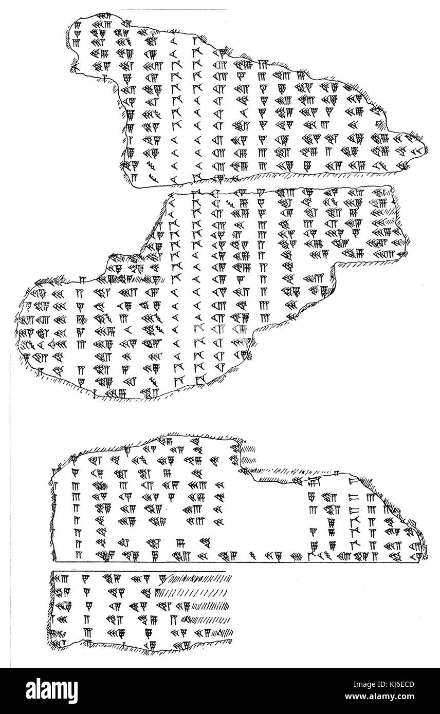 Moon phase tables on Babylonian bricks (Mondphasentabellen auf babylonischen Ziegelbruchstücken, nach Kuglers 'Die babylonische Mondrechnung', 1900) Stock Photo
