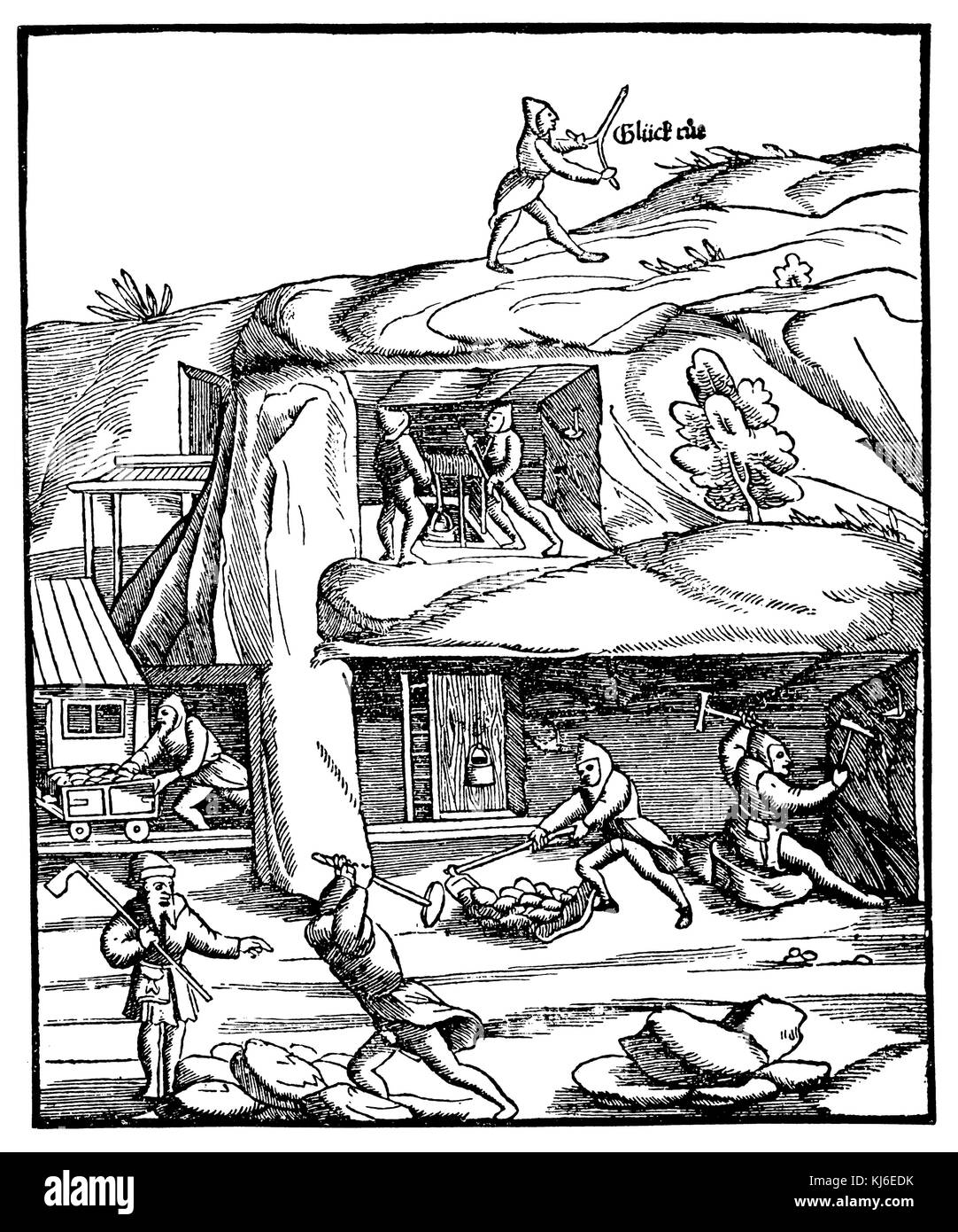 Mining operation in the 16th century. By Georg Agricola, mining book, 1590 (Bergwerksbetrieb im 16. Jahrhundert. Nach Georg Agricola, Bergwerksbuch, 1590) Stock Photo