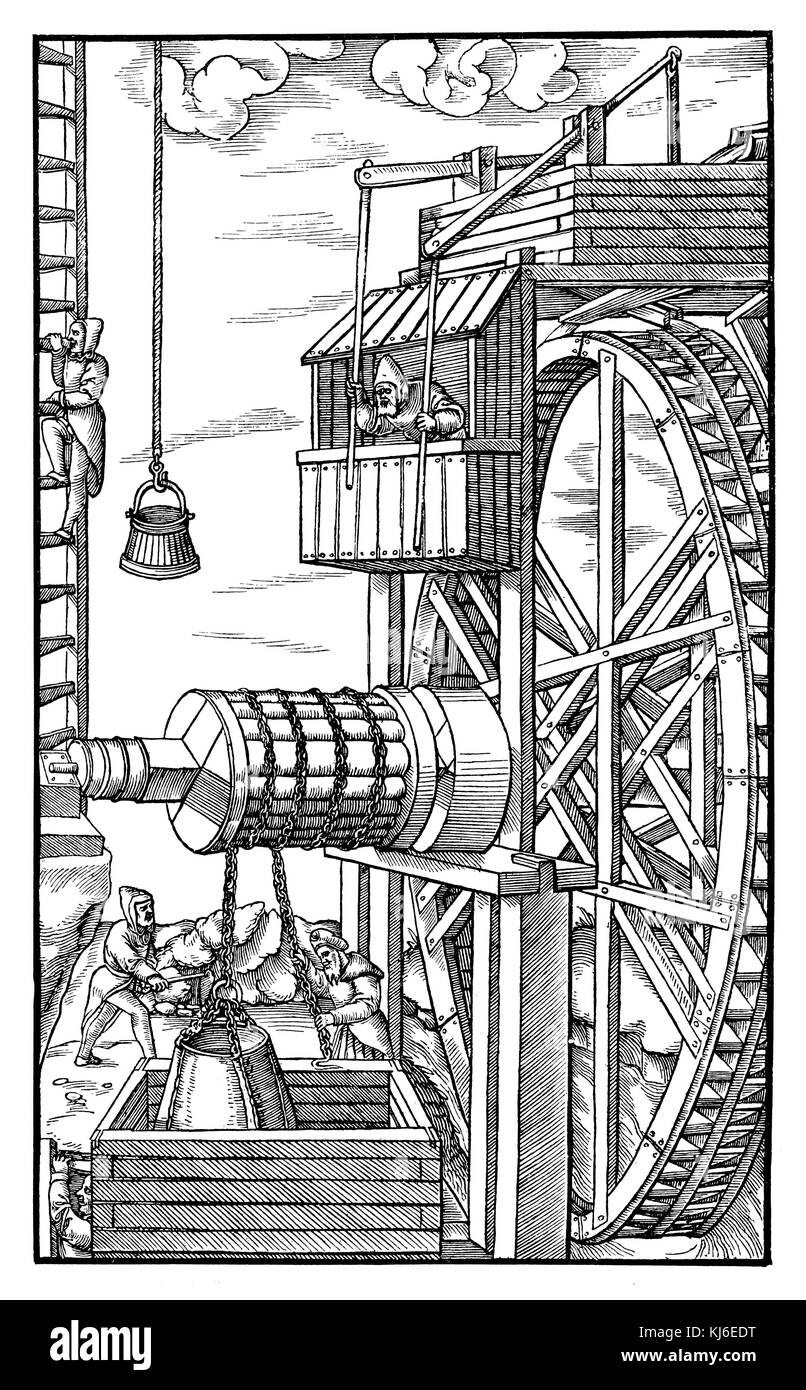 mine powered by hydropower conveyor system. By Georg Agricola, mining book, 1580 (Durch Wasserkraft betriebene Förderanlage eines Bergwerks. Nach Georg Agricola, Bergwerksbuch, 1580) Stock Photo
