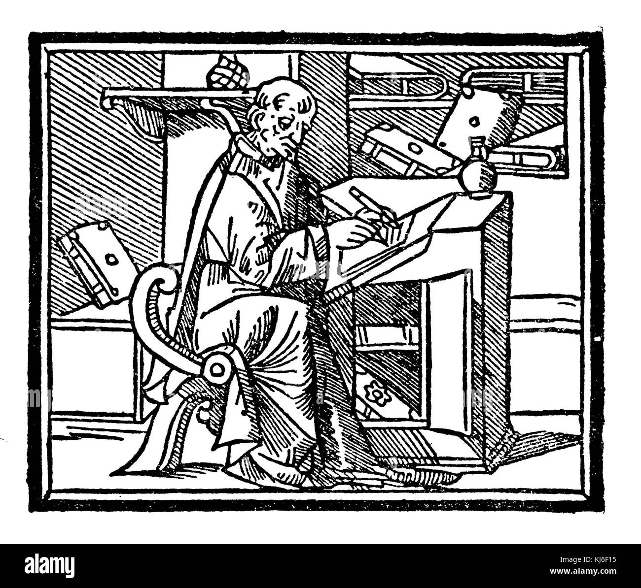 Monk with writing tube and penknife. After a Venetian woodcut (1519) (Mönch mit Schreibrohr und Federmesser. Nach einem venezianischen Holzschnitt (1519) ) Stock Photo