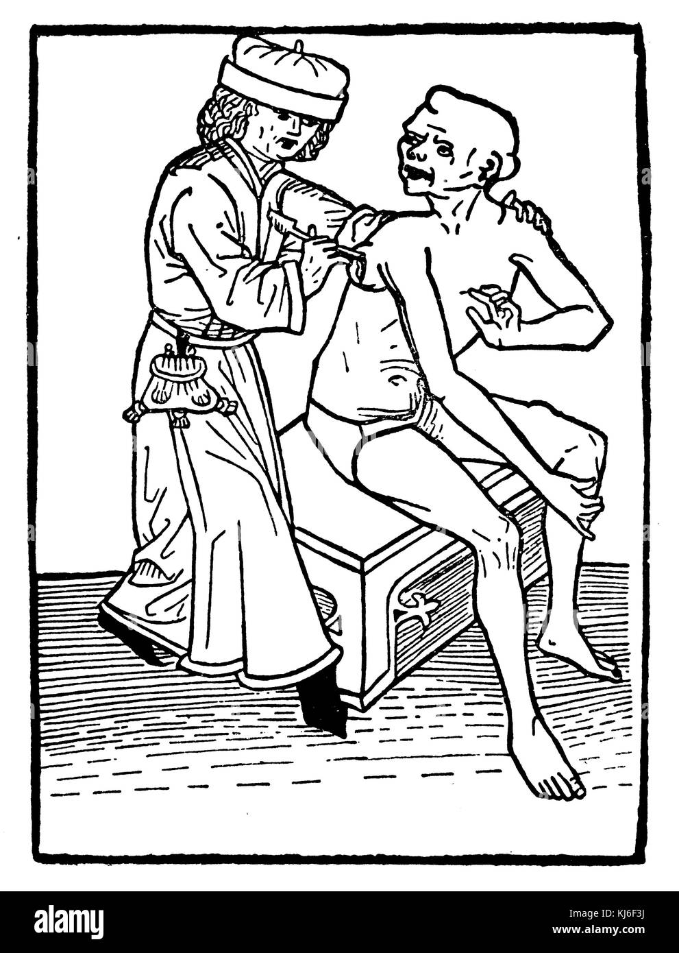 Plague doctor cutting a plague spot. After a Nuremberg woodcut from 1482 (Pestarzt beim Aufschneiden einer Pestbeule. Nach einem Nürnberger Holzschnitt aus dem Jahr 1482) Stock Photo