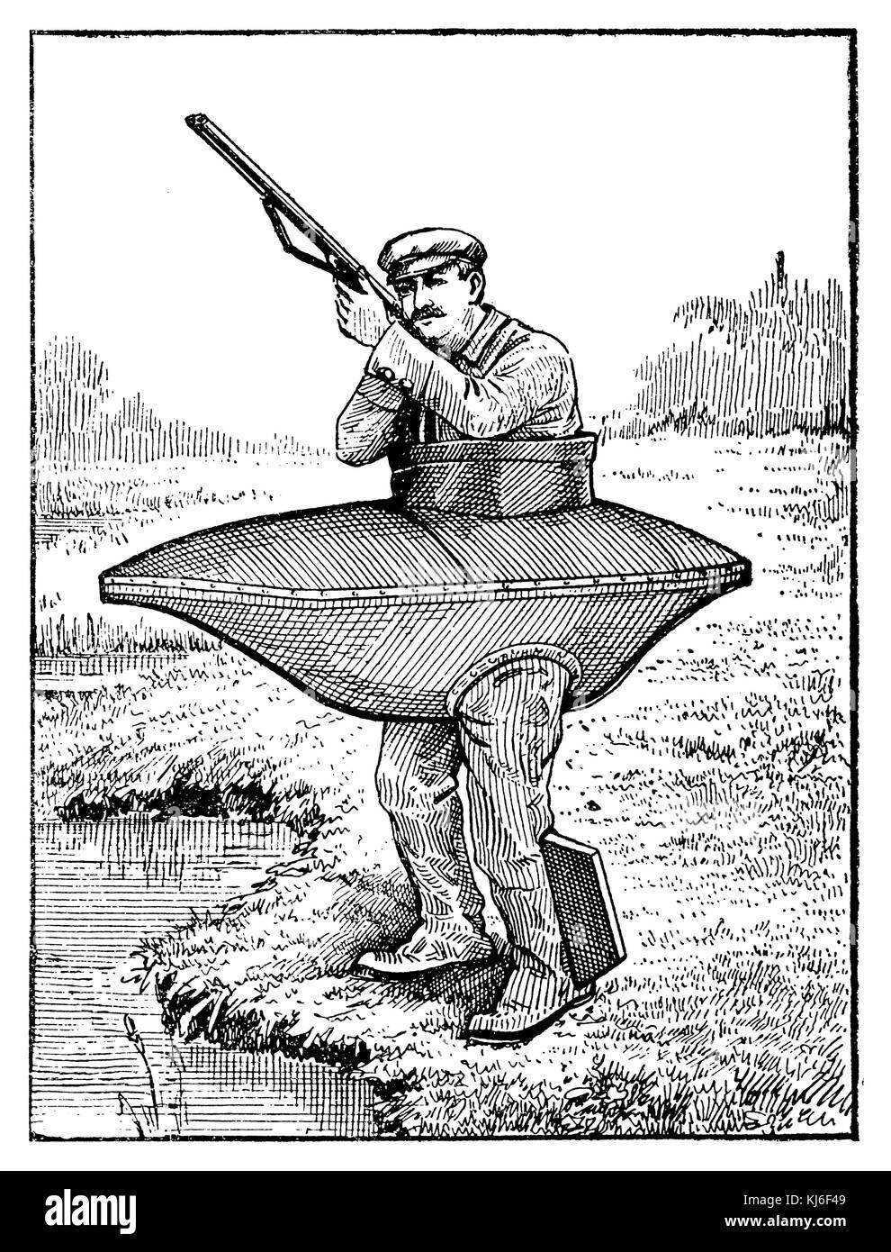 Hunter rubber boot for hunting in the river and marsh (Jäger mit Gummiboot für die Jagd in Fluss und Sumpf) Stock Photo